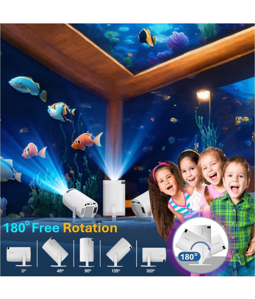 HY300 android Projector 1080P Android 11 4K support 180 Degre Rotation AutoKeystone Compatible with HDMI/USB/Audio Out/Miracast Wireless Screen Mirroring