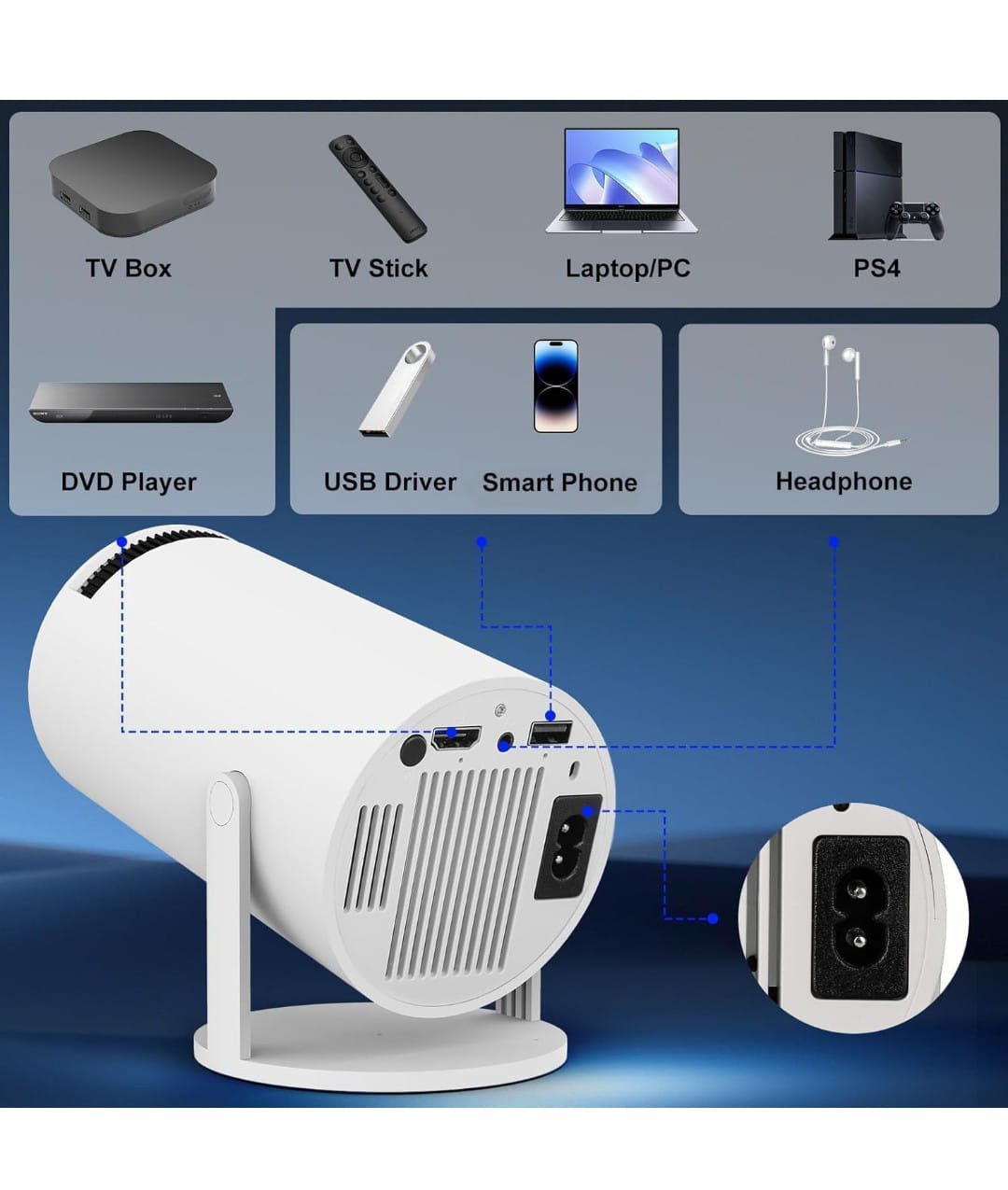 HY300 android Projector 1080P Android 11 4K support 180 Degre Rotation AutoKeystone Compatible with HDMI/USB/Audio Out/Miracast Wireless Screen Mirroring